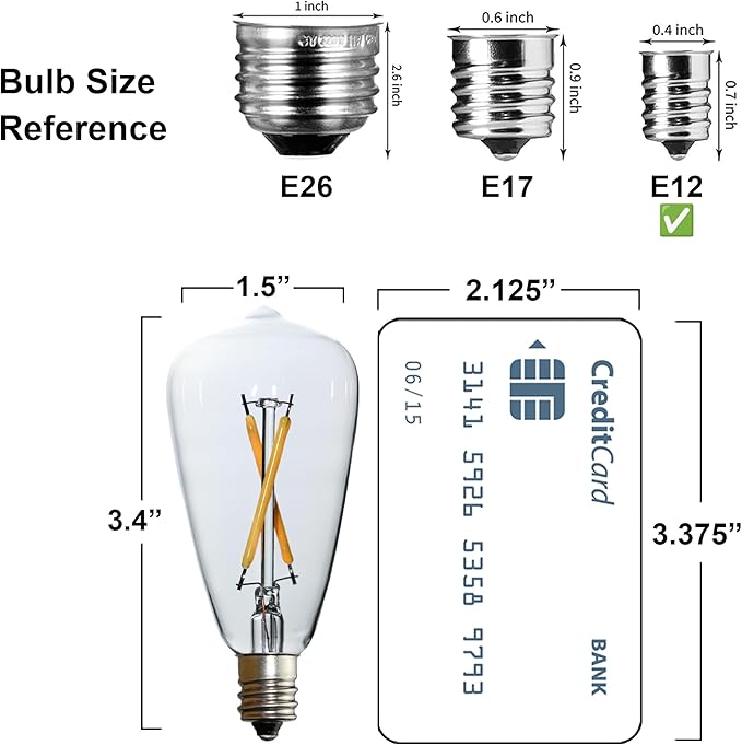 6pcs ST38 Edison Small Bulb 2W Equivalent to 10W-15W-20W E12 Warm Base Clear Glass LED Bulbs for Chandeliers Fans Candelabras Outdoor ST38 String Lights