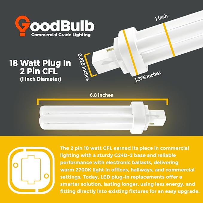 GoodBulb 18 Watt CFL Light Bulbs 2 Pin G24D-2 Base 2700K Soft White 18W High Output 1200 Lumens Double Tube Compact Fluorescent Light Bulbs Plug-in 10 Pack