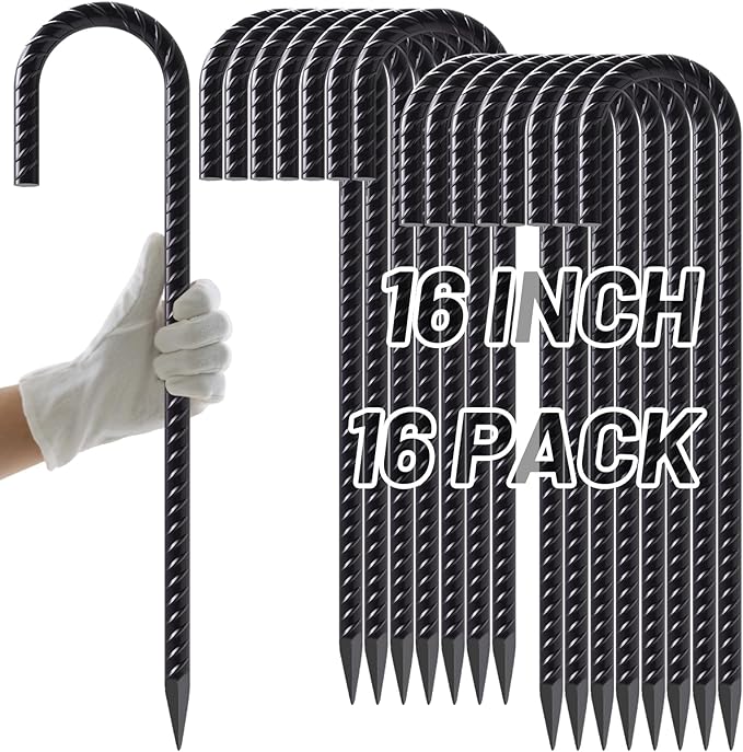 AAGUT 16 Inch Rebar Stakes 3/8" J Hook (16pcs) Heavy Duty Steel Ground Anchors Tent Stakes Ground Stakes with Chisel Point End for Chain Link Fence, Black