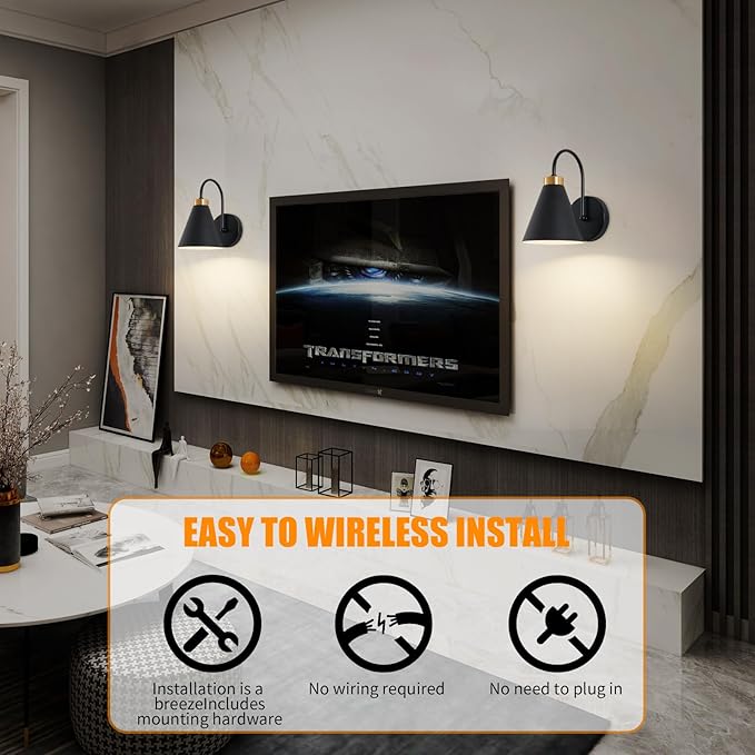 Vintage Cordless Gooseneck Battery Operated Wall Sconces Set of 2, Black Bedside Battery Powered Wall Decor Lamps with Remote Control, Wireless Indoor LED Lights Fixture for Bedroom Hallway