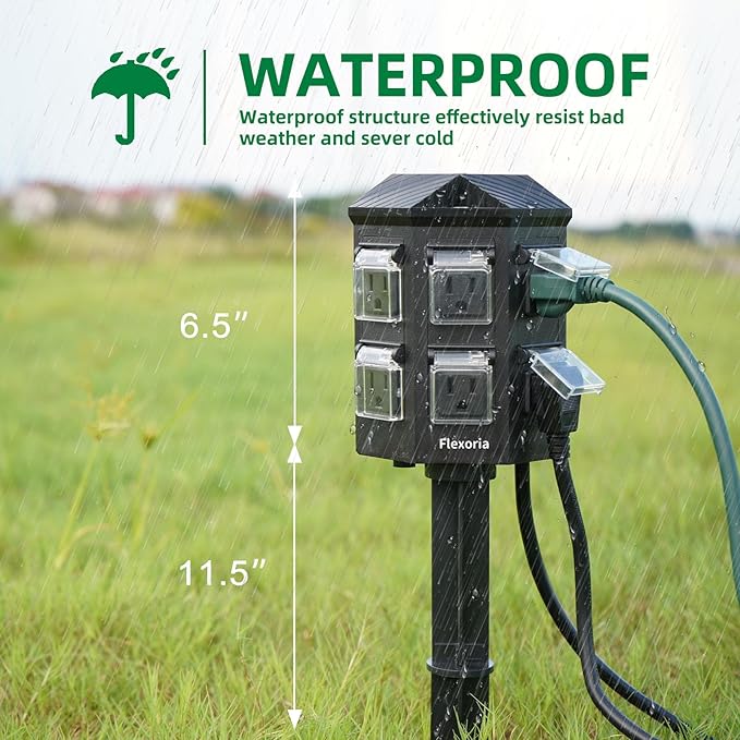 Outdoor Power Stake, 100 FT Extension Cord Waterproof, Independently Remote Control 3 Sets of Outlets, 6 Grounded Outlets for Garden, Patio, Outdoor Decor, ETL Listed