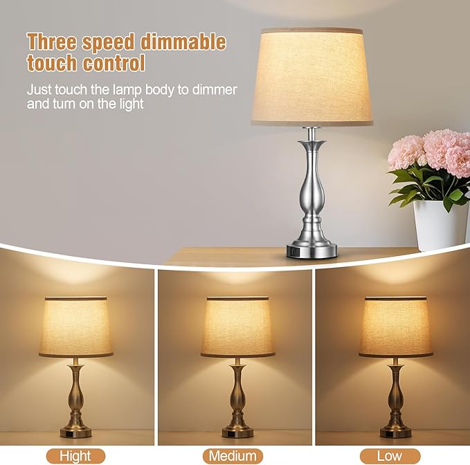 Bedside Table Lamp Touch Control Bedroom Lamps with USB-C USB-A Charging Port 3 Way Dimmable Touch Lamps for Nightstand Living Room Bedroom Dorm Home Office Reading, Set of 2