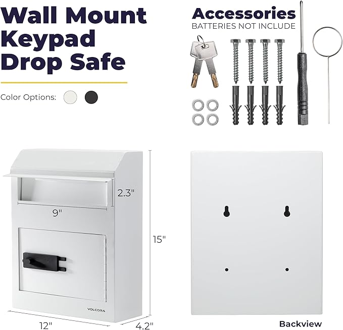Volcora Key Drop Box with Lock, Drop Slot Depository Safe Box Digital Keypad, Outdoor Waterproof Money Drop Safe for Business, Cash Drop Box, Wall Mount Mailbox, Electronic Programmable Lock, White