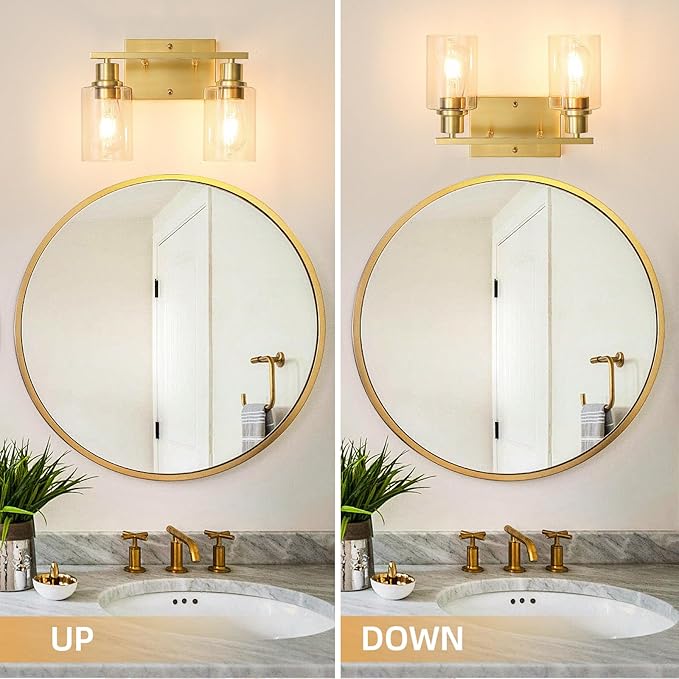 EMONG Gold Bathroom Light Fixtures, 2-Lights Brushed Brass Vanity Light with Clear Glass Shade, Modern Wall Sconces for Hallway, Farmhouse, Living Room