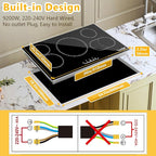 36 Inch Electric Cooktop, 5 Burner Electric Stove Top with 9 Power Levels, Touch Control, Timer, Child Lock and Residual Heat Warning, 9200W, 220-240V for Hard Wire