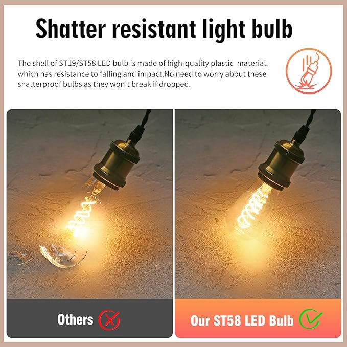 Edison Light Bulbs 60W Equivalent, Dimmable Vintage LED Light Bulbs, E26 Medium Base, Warm White 2700K, ST58, 6W, 600LM, 80+ CRI, Antique Decorative Filament LED Bulb, Clear Plastic, 12 Pack
