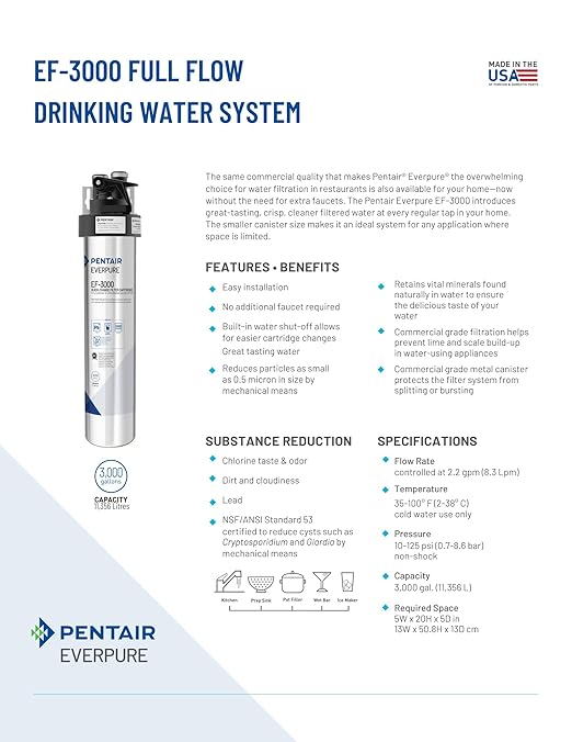 Pentair Everpure EF-3000 Quick-Change Filter Cartridge, EV985750, For Use in Everpure EF-3000 Full Flow Drinking Water System, 3,000 Gallon Capacity, 0.5 Micron