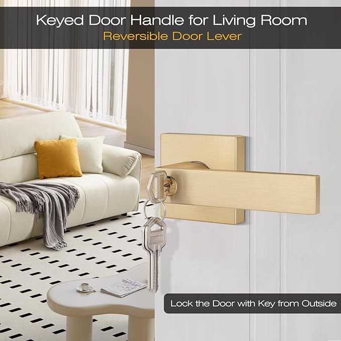 EHOMEWARE 8 Pack Door Lever Lock Gold Front/Exterior Door Handle Set Keyed Alike/Combo Keys, Heavy Duty Left/Right Handing Exterior Door Handle, Entry Door Handle Set