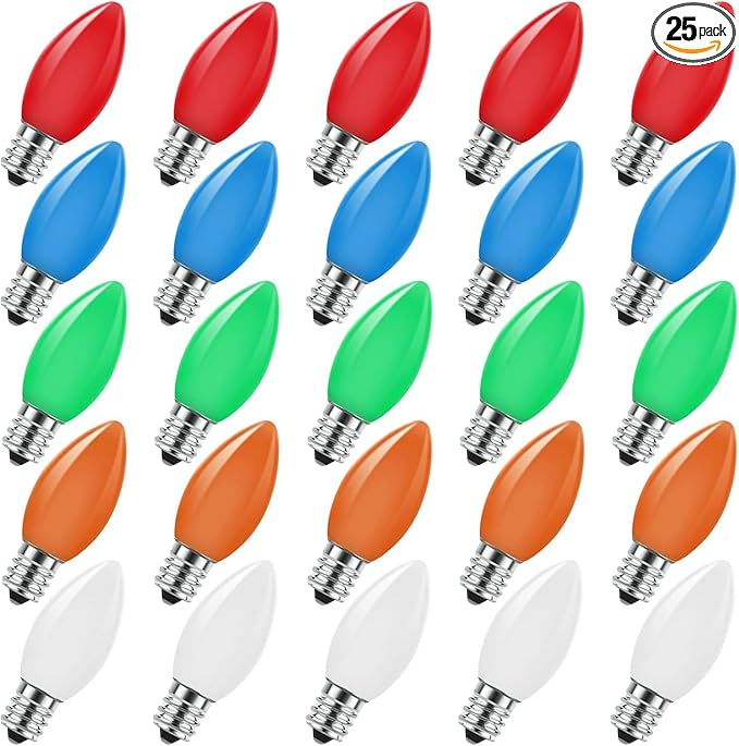 C7 Vintage Christmas Lights, Multicolor Lights Bulbs for Hanging String Lights Outdoor, Great for Holiday Party Wedding Christmas Decorations (25 Pack C7 Bulbs)
