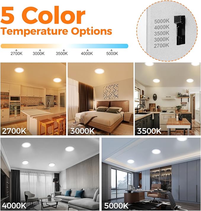 24 Pack 8 Inch Led Recessed Lights with Night Light, Canless Ultra Thin Wafer Soffit Recessed Lighting Downlight, Dimmable & 5 Color Temperature Selectable, 15W, ETL, White