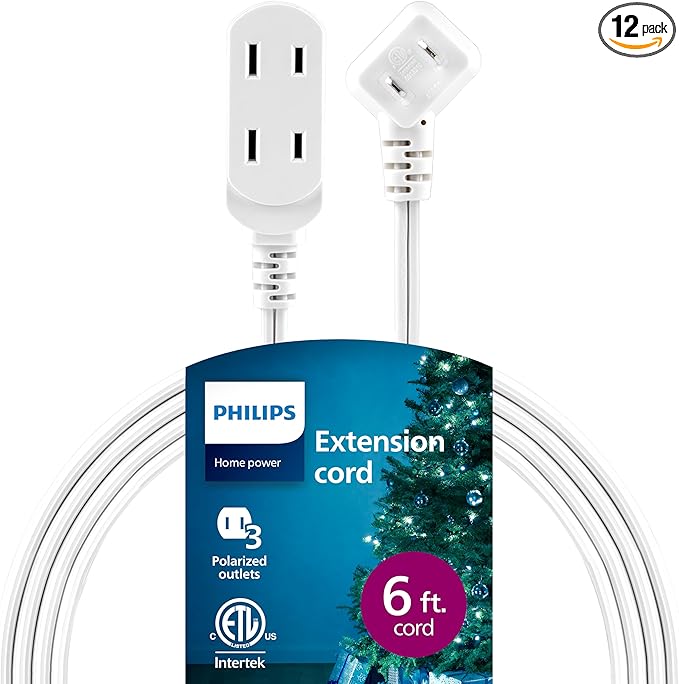 Philips 3-Outlet Flat Plug Extension Cord - 6 Ft, Indoor Use, Safety Slide, 2 Prong White, ETL Listed SPS3613W/37 (Pack of 12)