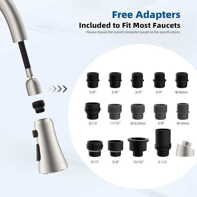 Hibbent Pull Down Spray Head for Kitchen Faucet, 3-Function Spray Nozzle with 15 Adapters, Straight Sink Faucet Head Replacement Compatible with Moen, Delta, Kohler, American Standard, Brushed Nickel