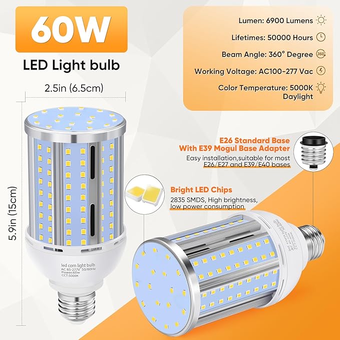 60W LED Corn Light Bulb(6 Pack),(600 Watt Equivalent) Fanless E26/E39 Medium/Large Mogul Base LED Cob Lamp 5000K Daylight 6,900LM for Outdoor Indoor Garage Warehouse Factory Workshop Street Backyard
