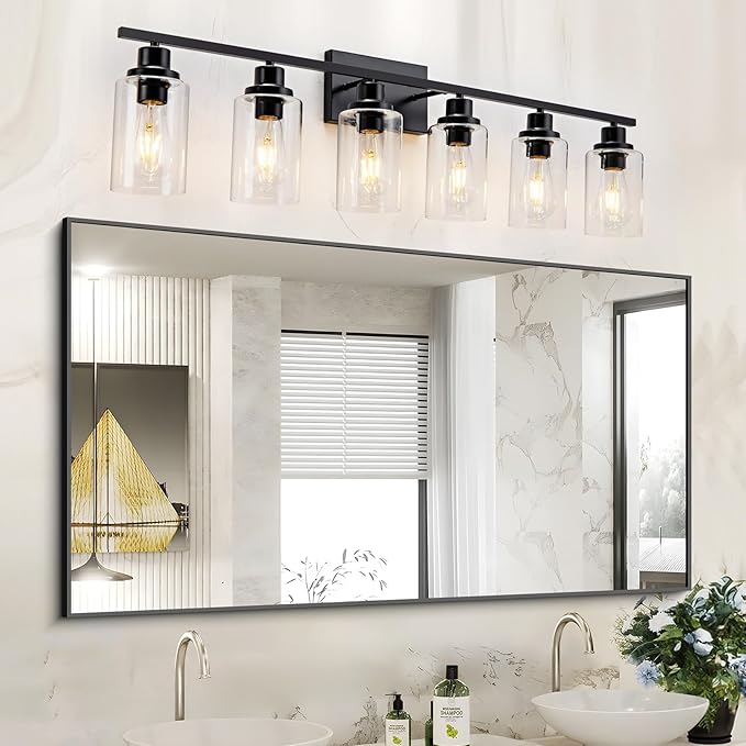 6 Light Bathroom Light Fixtures Black Vanity Light Over Mirror Modern Farmhouse Wall Lighting Sconces Wall Lamp for Bathroom, Bedroom, Living Room E26 Socket with Glass Shade