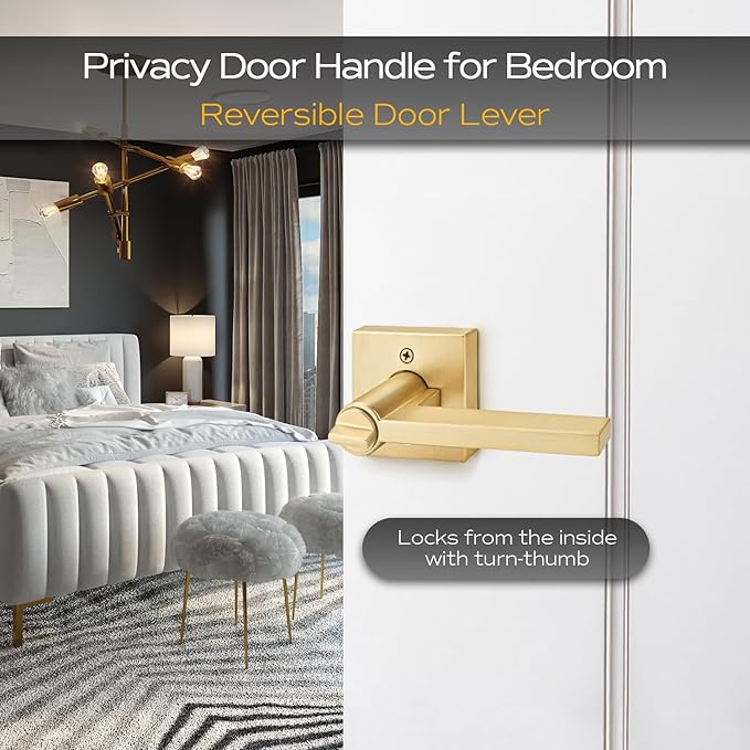 EHOMEWARE 6 Pack Gold Door Handles, Satin Brass Door Knobs Interior Privacy Function Without Keys, Bedroom Bathroom Door Levers Interior for Left or Right Handed Doors, Gold Modern Door Levers