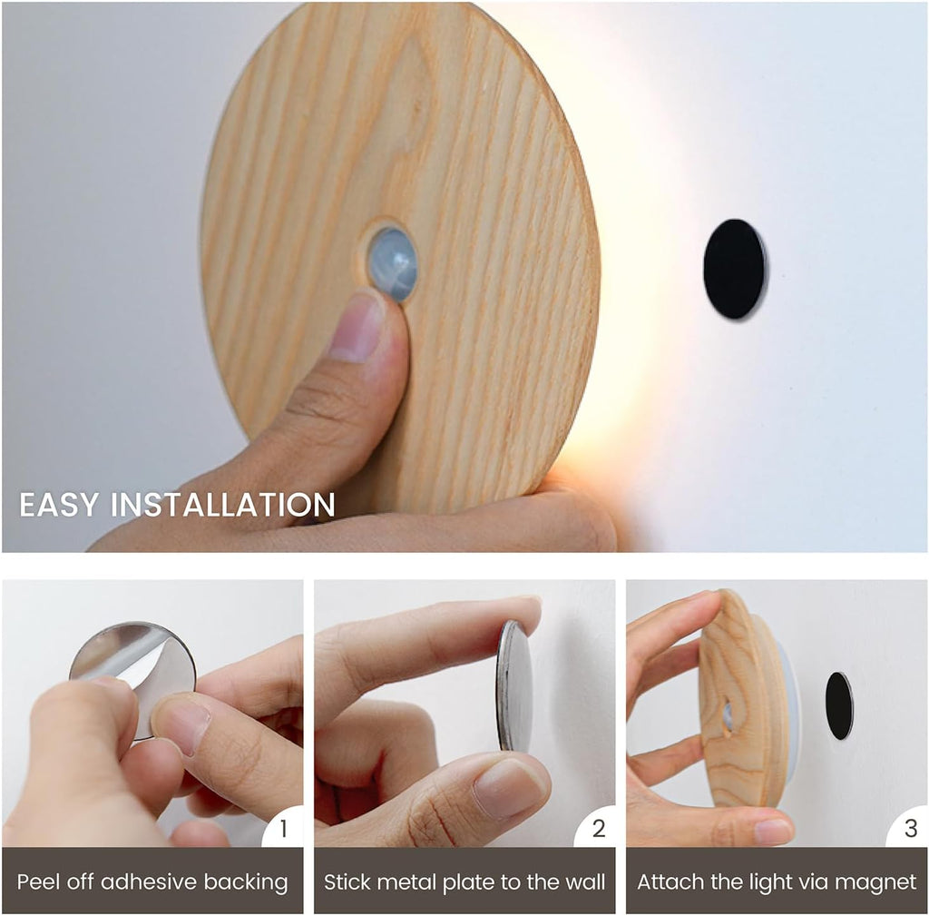 Motion Sensor Night Light Wood Rechargeable Battery-Powered Stick-On Step Lights Loftie Lights Magnetic Closet Warm Nightlight for Hallway Bedroom Stair (2 Pack Ash Wood)