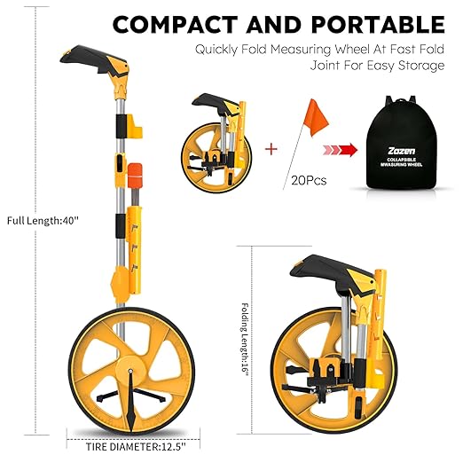 Zozen Distance Measuring Wheel in Feet and Inches, with 20pc Marking Flags and Flags Holder, Collapsible Measure Wheel - Imperial Industrial with Big Kickstand to Keep Stand, Include Backpack.