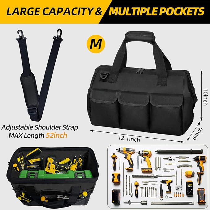 Tool Bag, Portable Tool Box Organizer Adjustable Shoulder Strap, Carry Tool Tote Heavy Duty Tool Storage Bag With Wide Mouth,Tool Bags for Men Mechanic EngineerGift - M, Black