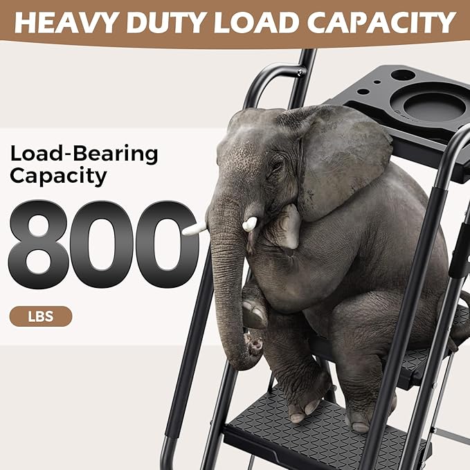 KINGRACK Step Ladder, Portable Folding Step Stool with Anti-Slip Wide Pedals, Heavy Sturdy Steel with Handrail, Safe-Lock Design, 800lbs Load Capacity, for Home and Kitchen, Black (5 Step Ladder)