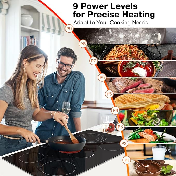 ThermoMate 36 Inch Electric Cooktop 5 Burners, 36" Built in Radiant Electric Stove Top, 8500W Ceramic Cooktop with Touch Control, 9 Heating Level, Chlid Lock & Timer, 220-240V Hard Wire ETL Listed