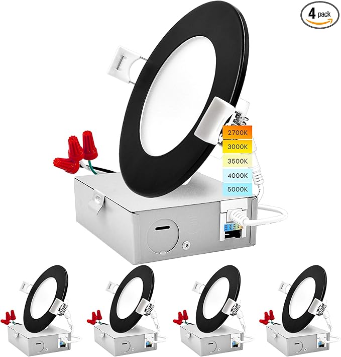 LUXRITE 4 Inch Ultra Thin LED Recessed Light with J-Box, 10W, 5 Color Options 2700K | 3000K | 3500K | 4000K | 5000K, Dimmable Wafer Lights, 750 Lumens, Black Trim, Energy Star, IC Rated (4 Pack)