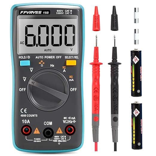 15B Digital Multimeter Tester, Voltmeter, Vehicle Detector 4000 Counts, Auto-Ranging for AC/DC Voltage and Current, Ohm, Capacitance, Frequency, High-Precision Large Screen Display for Clear Viewing