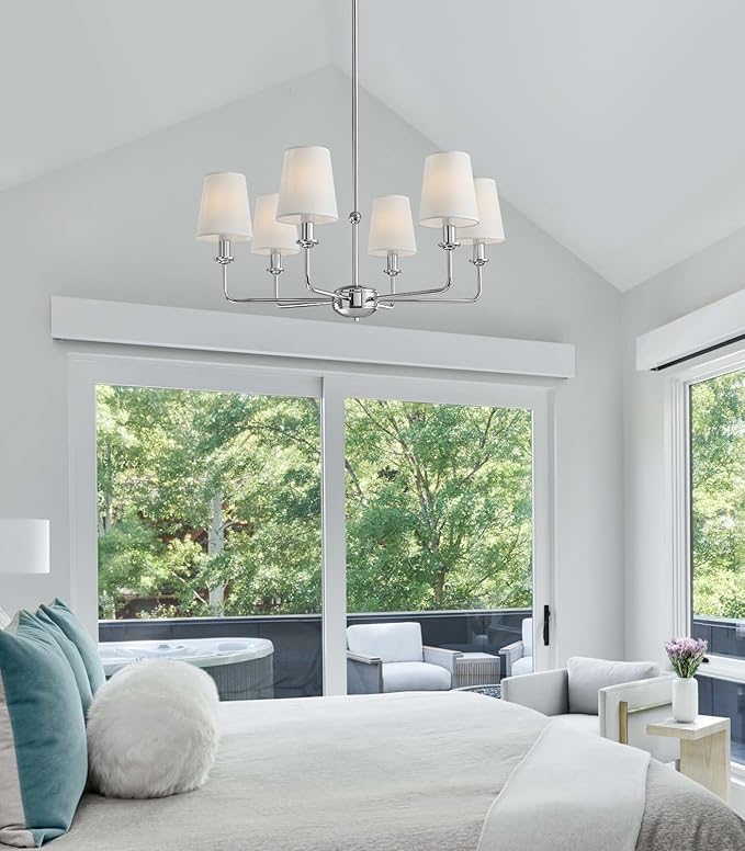 Modern 6 Light Chrome Chandelier with White Fabric Shades Elegant Ceiling Light,Farmhouse & Industrial Pendant Chandelier for Dining Room Living Room Bedroom,E12 Base