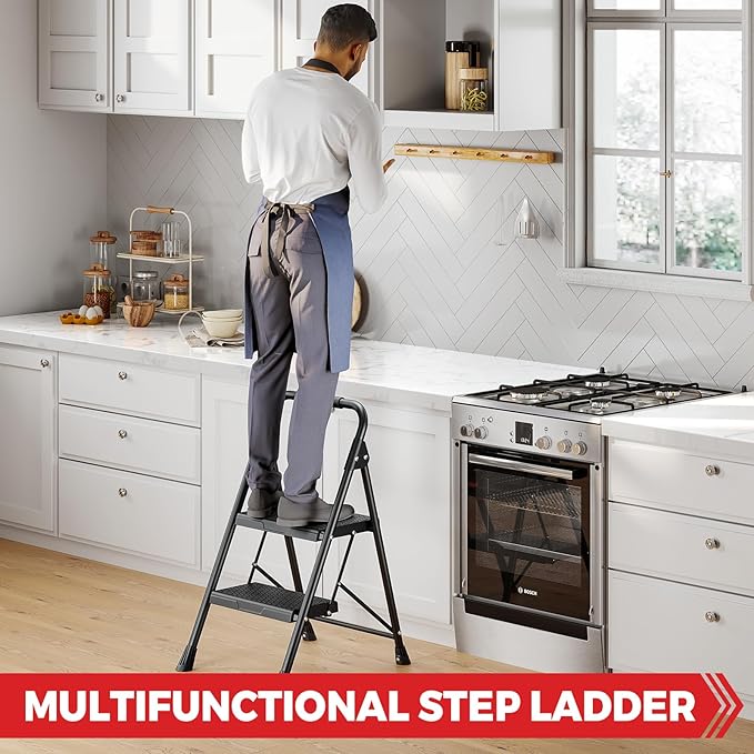 KINGRACK Step Ladder, Portable Folding Step Stool with Anti-Slip Wide Pedals, Heavy Sturdy Steel with Handrail, Safe-Lock Design, 800lbs Load Capacity, for Home and Kitchen, Black (2 Step Ladder)