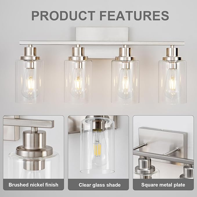 4 Light Bathroom Light Fixtures Brushed Nickel Vanity Light Over Mirror Modern Farmhouse Wall Lighting Sconces Wall Lamp for Bathroom, Bedroom, Living Room E26 Socket with Glass Shade