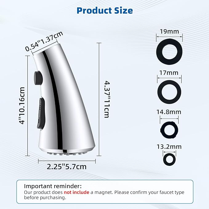 Hibbent Curved Pull Down Kitchen Faucet Head Replacement, 3-Function Kitchen Sink Spray Nozzle with 14 Adapters, Anti-Splash, Compatible with Kohler Bent Faucets, Chrome