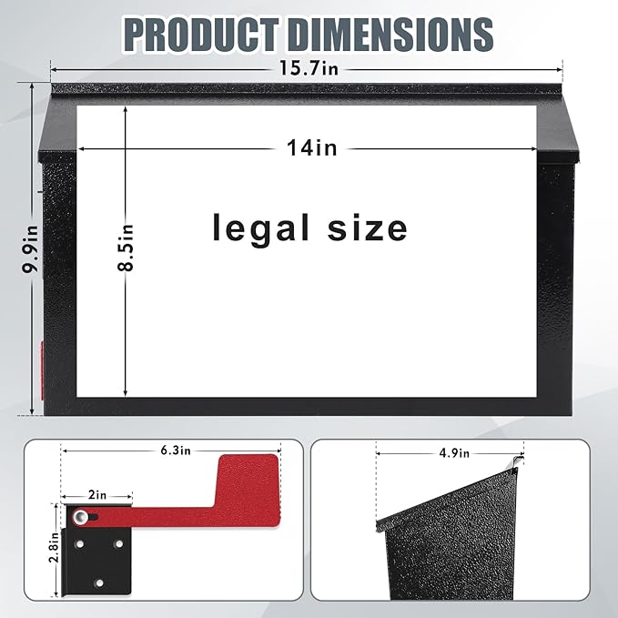 KYODOLED Wall Mount Mailboxes for Outside with Flag and Number Stickers, Galvanized Steel Rust-Proof Metal Post Box, Large Capacity Mail Box for House,15.7"x9.9"x4.9" Black