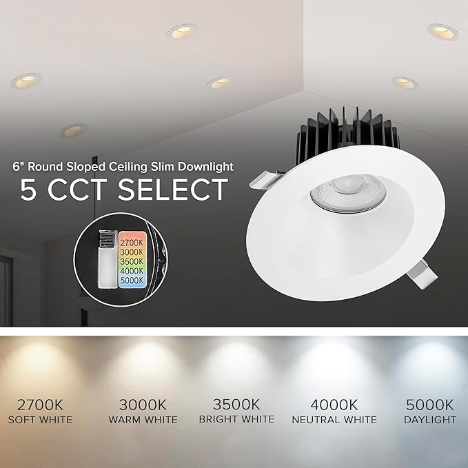 Maxxima 6" Canless Sloped Recessed Anti-Glare LED Downlight, For Sloped Ceilings, 1800 Lumens, IC Rated, 5 Color Temperature Selectable 2700K/3000K/3500K/4000K/5000K, Dimmable, Round White Trim 90 CRI