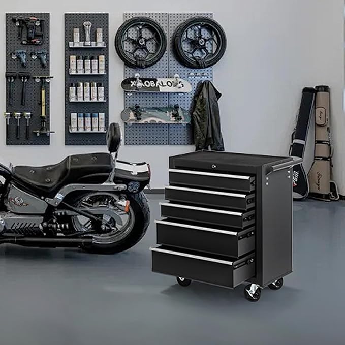 5 Drawers Metal Rolling Tool Chest on Wheels, Lock Tool Box Tool Organizer Cart, Multifunctional Drawers Rolling Tool Trolley Storage Cabinet for Garage,Warehouse,Workshop,Repair Shop(BLACK)