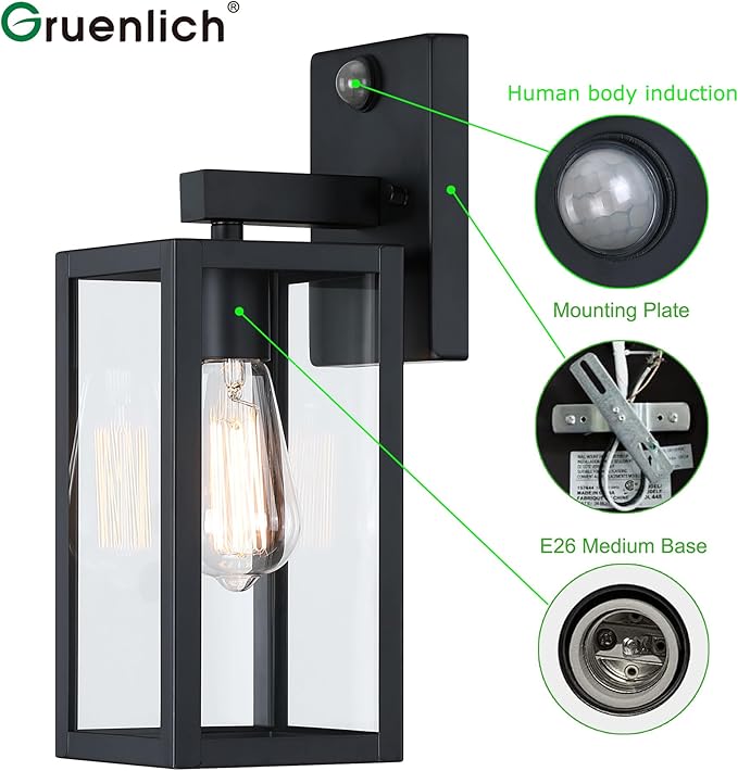 GRUENLICH Dusk to Dawn Large Outdoor Wall Lantern, PIR Motion Sensor Wall Sconce, E26 Base Max 60W, Metal Housing Plus Glass, Matte Black Finish, Bulb Not Included, 1-Pack