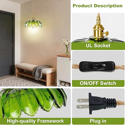 Plug in Pendant Light Fixture, Kylanle Green Glass Hanging Lamp with 14.7FT Cord On/Off Switch, Gold E26 Swag Light, Long Lasting Hanging Lamp Shade for Kitchen Island, Bedroom, Dining, Living Room