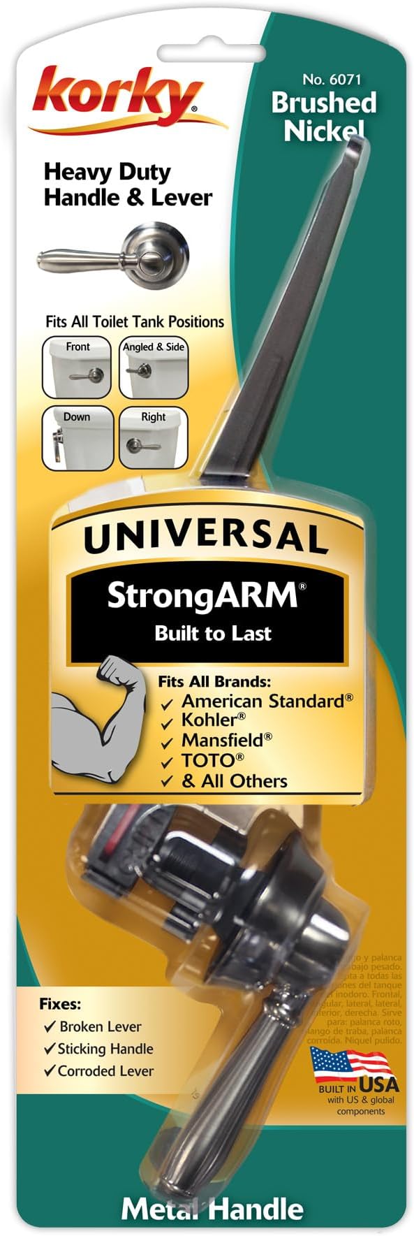 Korky Strong Arm Metal Toilet Handle and Lever - Universal to Fit Front, Angled, Side, Left, and Right Mount Toilets - Brushed Nickel, Faucet Style, 6071BP