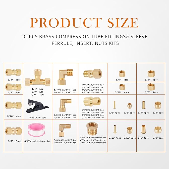 101Pcs Brass Compression Tube Pipe Fittings, Air Nylon Tubing Fittings Assortment Kits 1/4" 1/8" 3/8" 1/2" 5/8" Union/Tee/Elbow/Straight Connector for Industrial Use or Trucks Trailers
