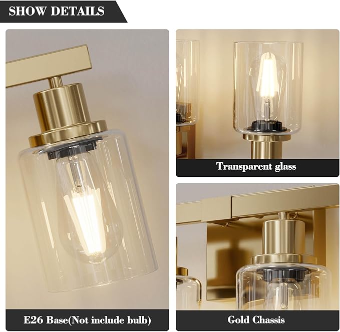 2-Light Brushed Gold Vanity Lights for Bathroom, Brushed Gold Bathroom Light Fixtures, Modern Vanity Lighting Over Mirror with Clear Glass Shade, Farmhouse Bath Wall Lamp for Mirror
