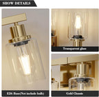 2-Light Brushed Gold Vanity Lights for Bathroom, Brushed Gold Bathroom Light Fixtures, Modern Vanity Lighting Over Mirror with Clear Glass Shade, Farmhouse Bath Wall Lamp for Mirror