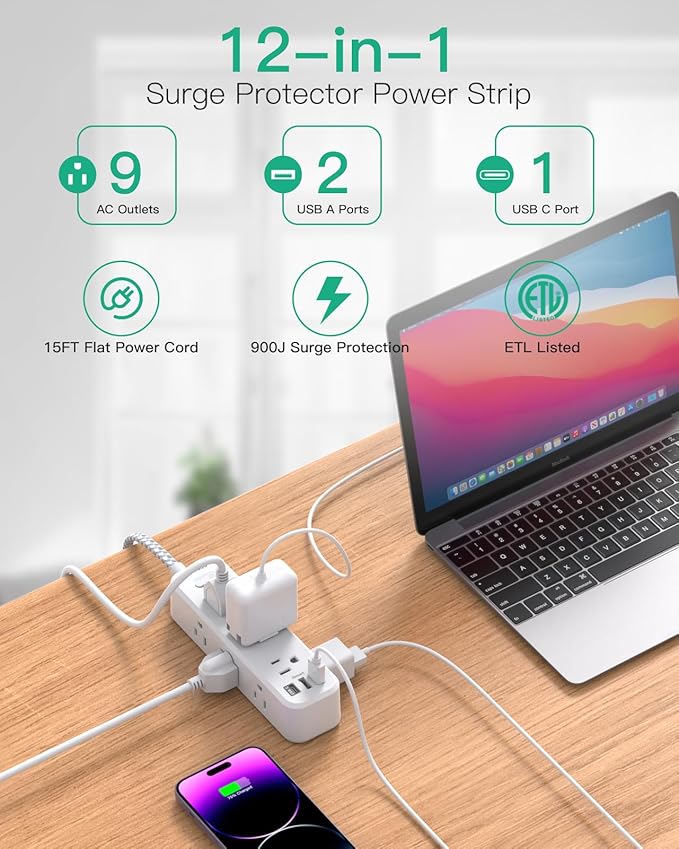 Mifaso Extension Cord 15 ft, Surge Protector Power Strip, Long Extension Cord with 9 Outlets 3 USB Ports, Extension Cord with Multiple Outlets, USB Power Strip for Dorm Room Essentials, College, White