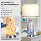 Coastal Lamps with USB A+C Ports & LED Night Light, Unique Seashells Glass Table Lamps with Natural Fabric Shade, Modern Touch Control Beach Bedside Lamp for Living Room Bedroom Nightstand Navy Blue