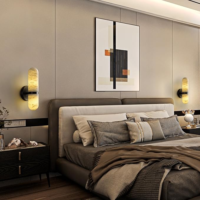 Alabaster Wall Sconces, 13in Black Alabaster Sconce, Modern Spanish Natural Marble Sconces Lights, Sconces for Bathroom Vanity Bedroom Living Room Staircases Hallway