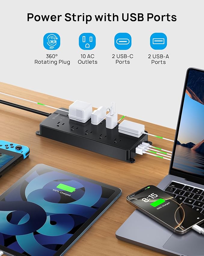TROND Power Strip Surge Protector with 360° Rotating Flat Plug, 15ft Long Extension Cord, 4000J, ETL Listed, 10 Widely Spaced Outlets, 2 USB A and 2 USB C, Wall Mountable, for Home Office, Black