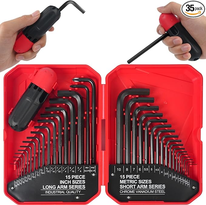 35-Piece Allen Wrench Sets Metric and Standard Hex Key Set, Allen Key Set, MM(0.7mm-10mm) SAE(0.028"-3/8), Chrome Vanadium Steel
