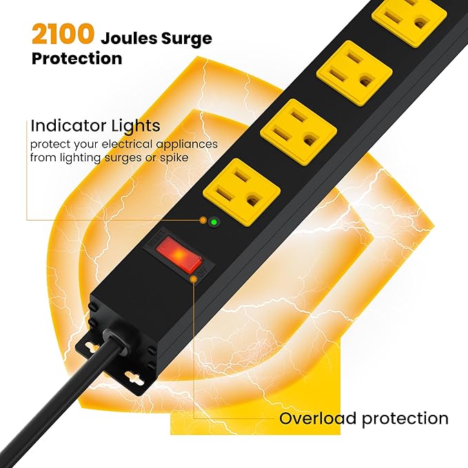 Metal 12 Outlet Mountable Power Strip, Surge Protector Heavy Duty Cord Wide Spaced and Wall Mount Metal Powerstrip for Outdoor, Desk, Garage, Industrial, Shop and Indoor (6ft)