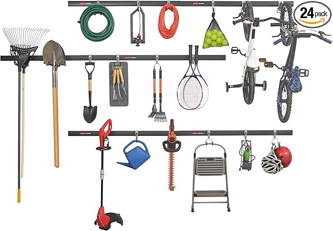 Rubbermaid 24-Piece FastTrack Garage Wall-Mounted Storage Kit, 6 Rails and 18 Hooks, Black, for Home/House/Tool/Sports/Equipment/Utility Purposes