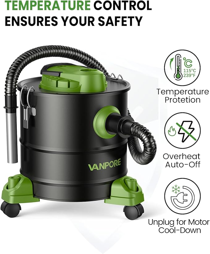 Ash Vacuum Cleaner 5.2 Gallon with 1200w Suction Power&Wheeled Base, Ash Vacuum for Pellet Stoves, Fireplaces, Grill, Wood Stove, Fire Pits,Green