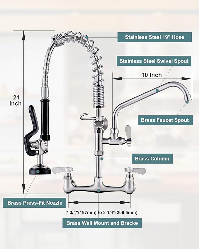 21" Height Commercial Faucet Wall Mount with Sprayer 9.6" Swing Spout 8" Adjustable Center, Kitchen Sink Faucets with Pull Down Pre-Rinse Sprayer for Restaurant Industrial Kitchen, Brushed Nickel