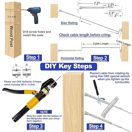CKE 10 Pairs Cable Railing Kit 1/8" Swage Toggle Turnbuckle Hardware T316 Stainless Steel Cable Railing Hardware for Wood Post, Angle 180° Adjustable Stairs Deck Cable Railing Kit 20 Cable Lines, CR25