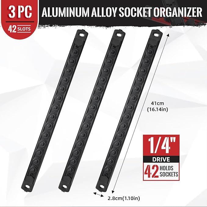 Magnetic Socket Organizer, 3-Piece Heavty Duty Aluminum Socket Holder, Socket Rail for Tool Box, Premium Quality 360° Swivel Socket Rack with 42 Clips for 1/4-Inch(Black)